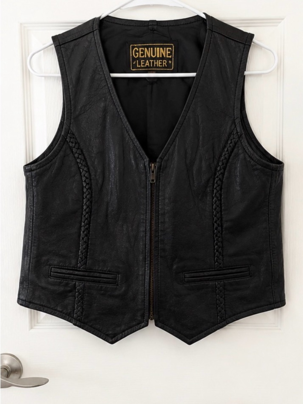 Vintage Genuine Leather Black Zip-Front Vest Women’s Large